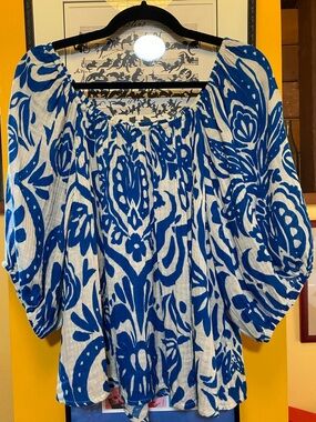 Velvet by Graham & Spencer Cotton Gauze Blue Floral Blouse